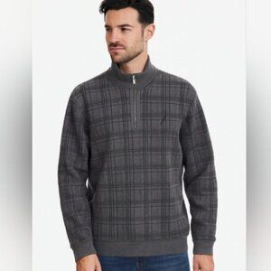 NWOT Nautica Quarter Zip Grey Plaid Fleece Lined Long Sleeve Sweatshirt Size XXL